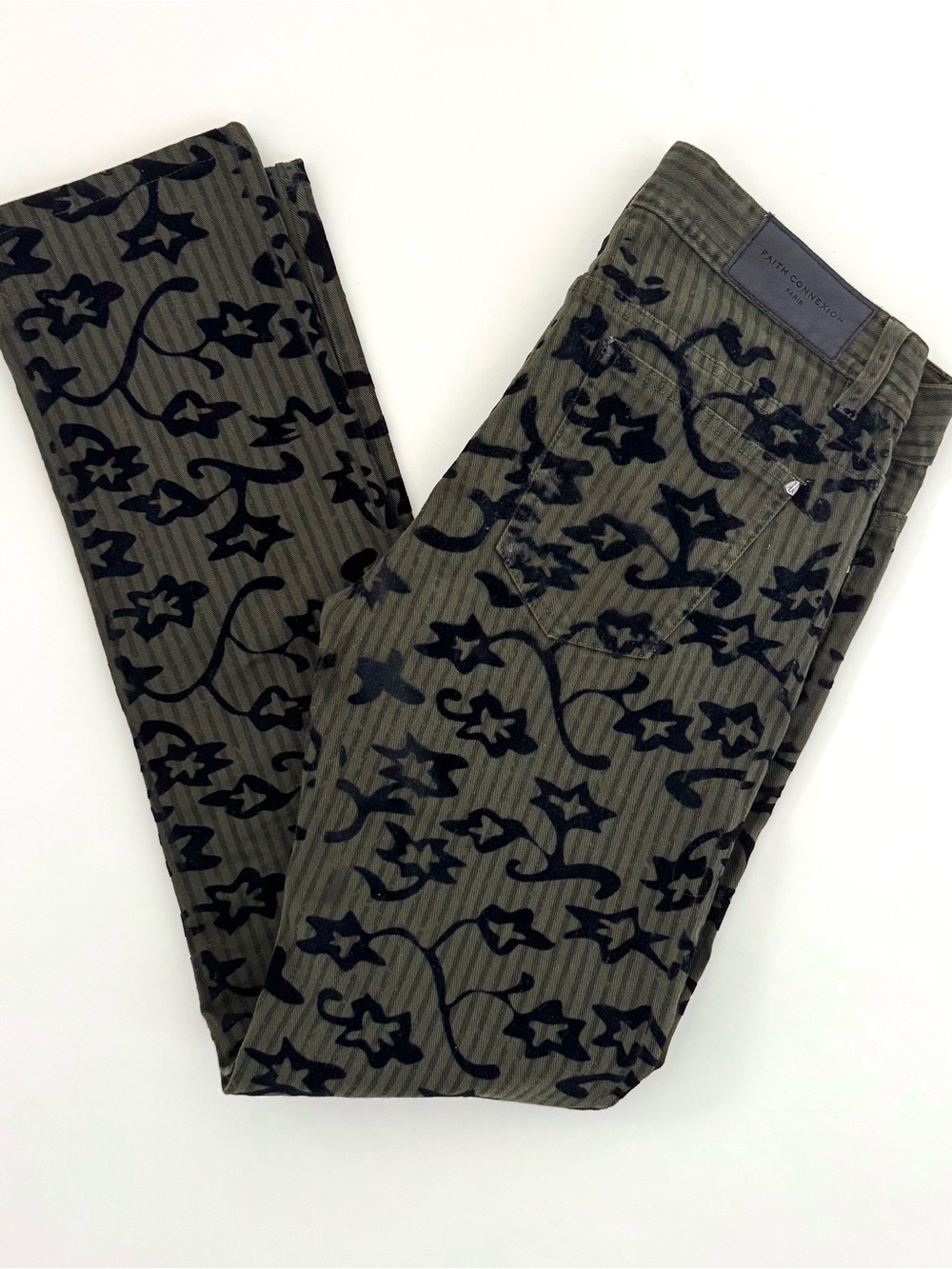 Faith Connexion Olive Green Skinny Jeans with Velvet Brocade Pattern - Size 29 - Picture 10 of 10